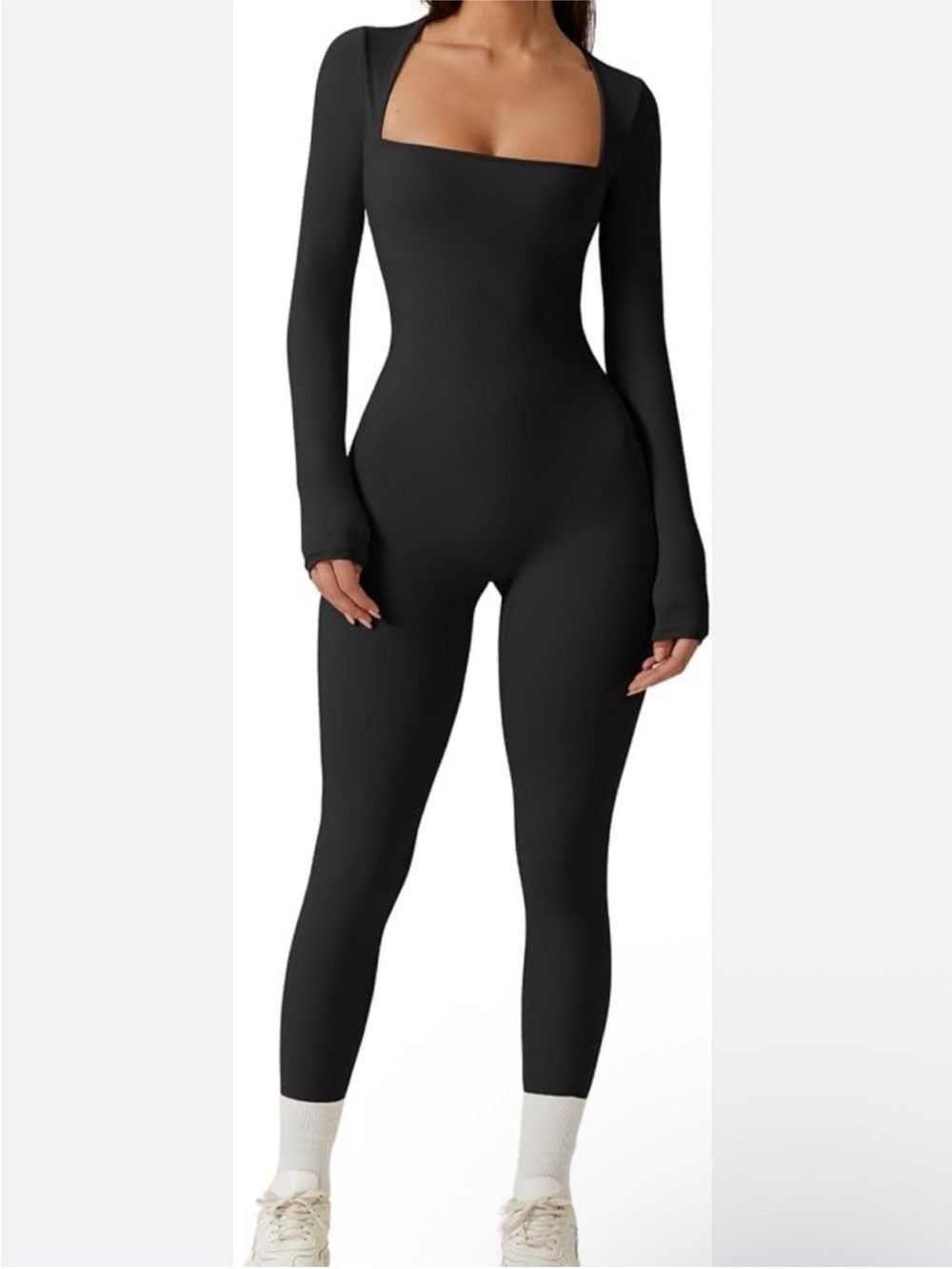 Women's Black Long-Sleeve Square Neck Jumpsuit